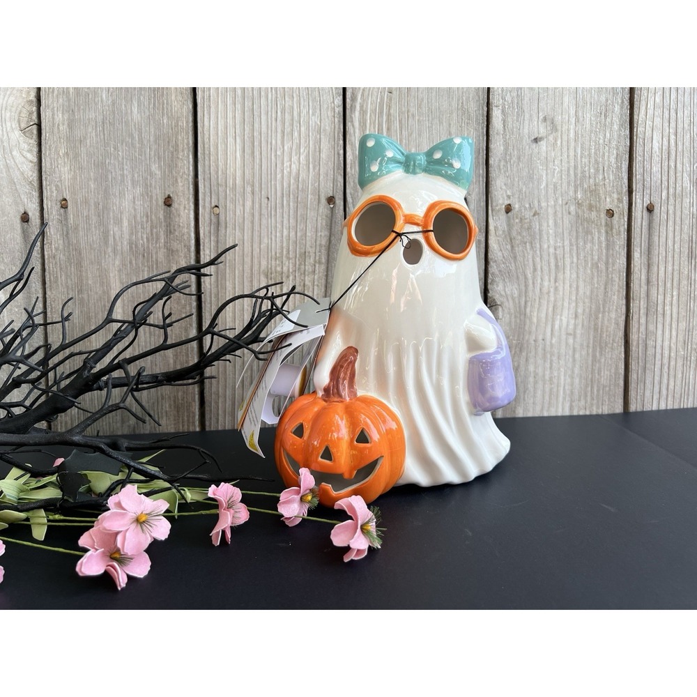 Halloween Ceramic Ghost Figurine with Pumpkin - White, Orange, Teal Bow